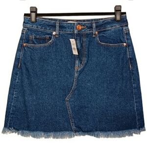 LOFT (ANN TAYLOR) Dark Medium Blue Wash Raw Hem Denim Jean Skirt 2 X-Small NWT